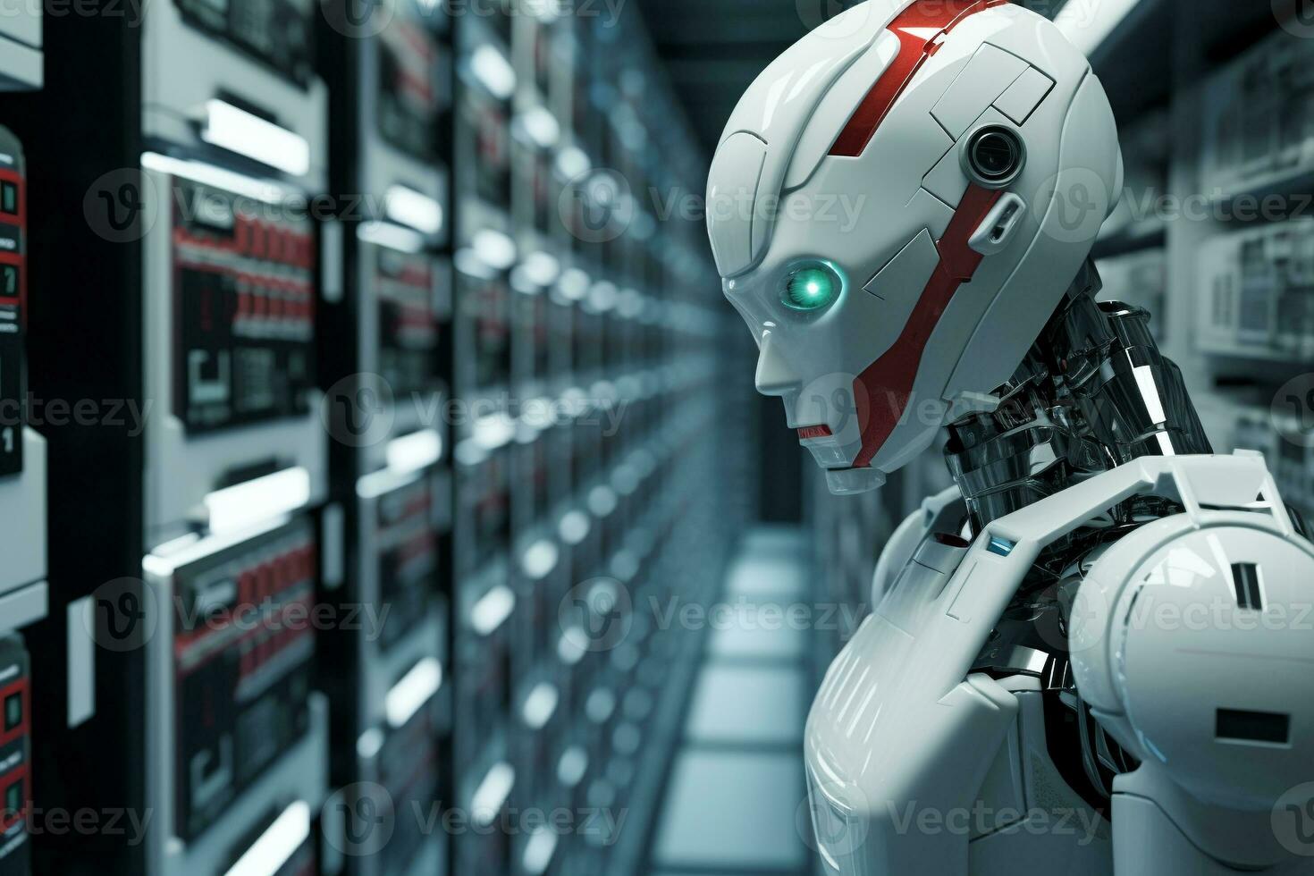 White robot standing Infront of data server racks generative by ai photo