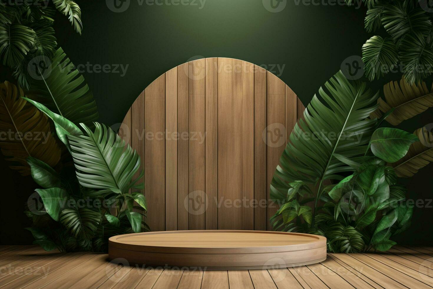 Wood pedestal podium with leaf in background for product presentation generative by ai photo