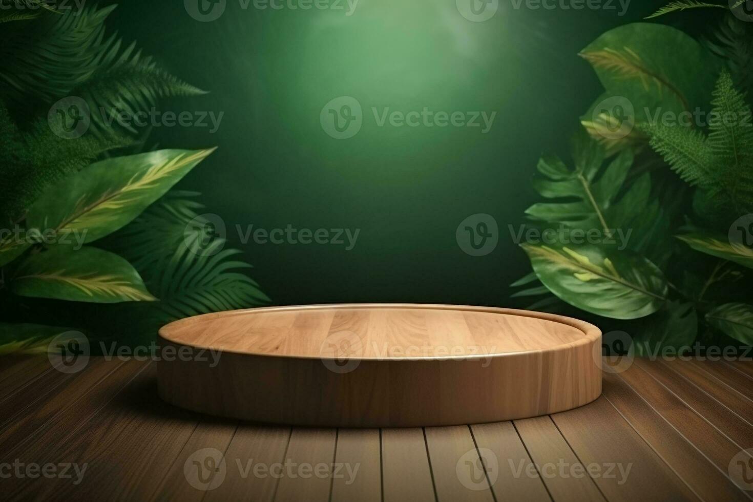 Wood pedestal podium with leaf in background for product presentation generative by ai photo