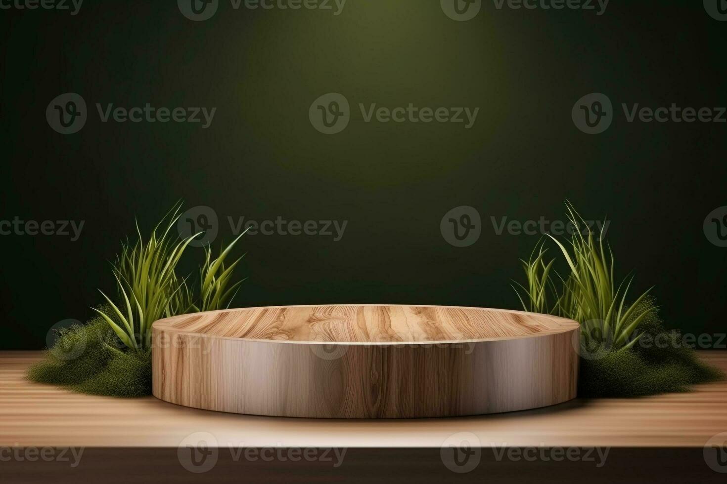 Round wood podium with grass and plants in the background for product display generative by ai photo