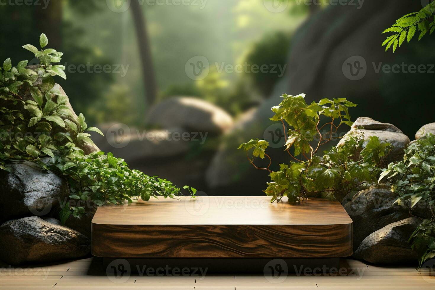 Natural wooden podium for product display in front of the forest generative by ai photo