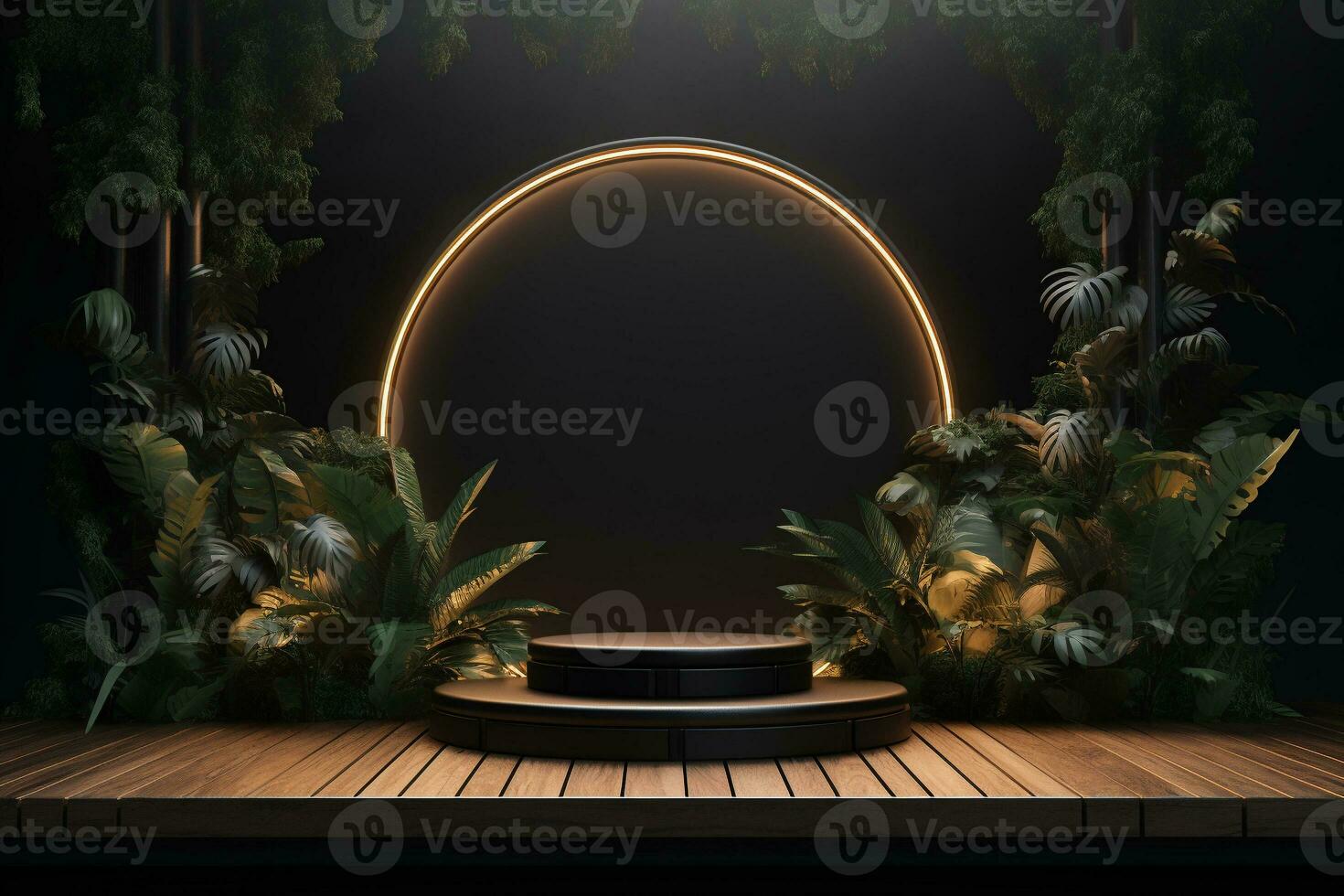 Round modern podium with plants and light in the background for product presentation generative by ai photo