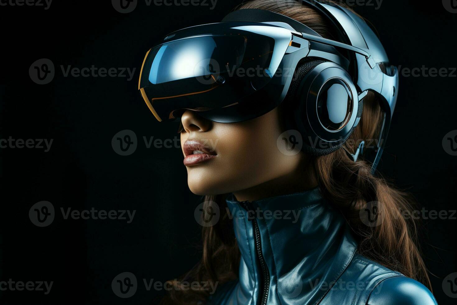 a young woman wearing a virtual reality headset generative by ai photo