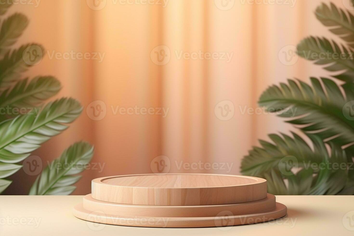 Wood pedestal podium with leaf in background for product presentation generative by ai photo