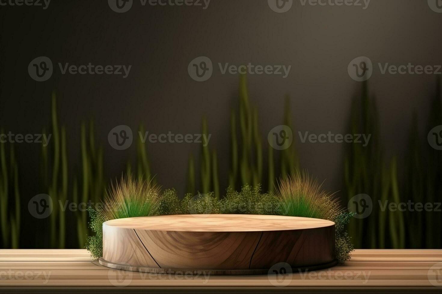 Round wood podium with grass and plants in the background for product display generative by ai photo