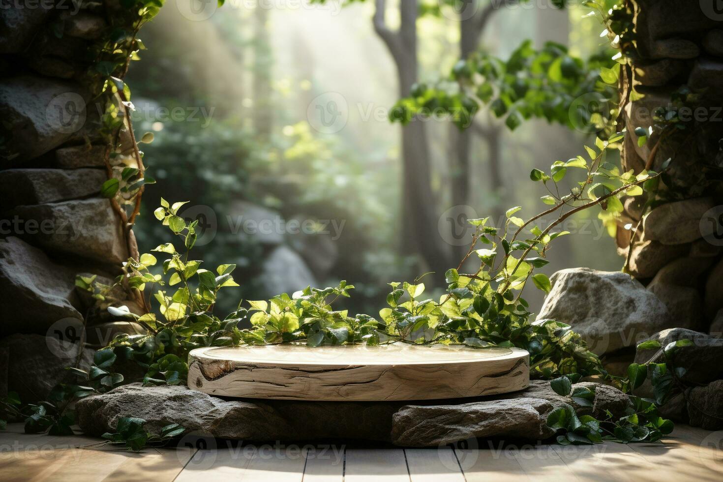 Natural wooden podium for product display in front of the forest generative by ai photo