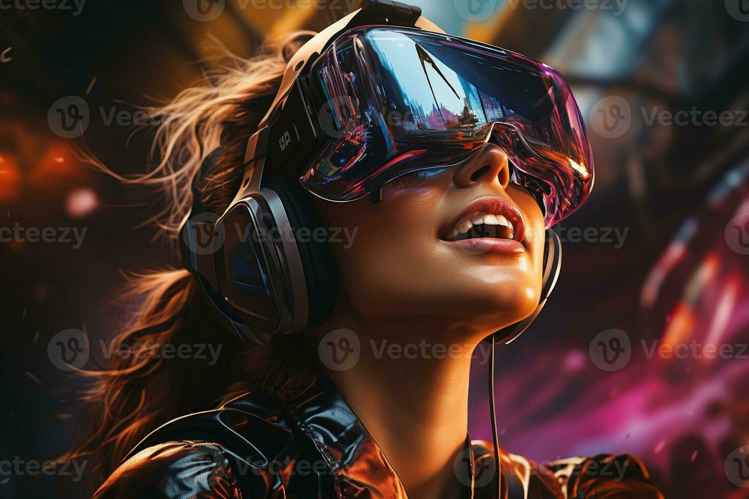 Woman Wearing a virtual reality headset in sci-fi urbanity generative by ai photo