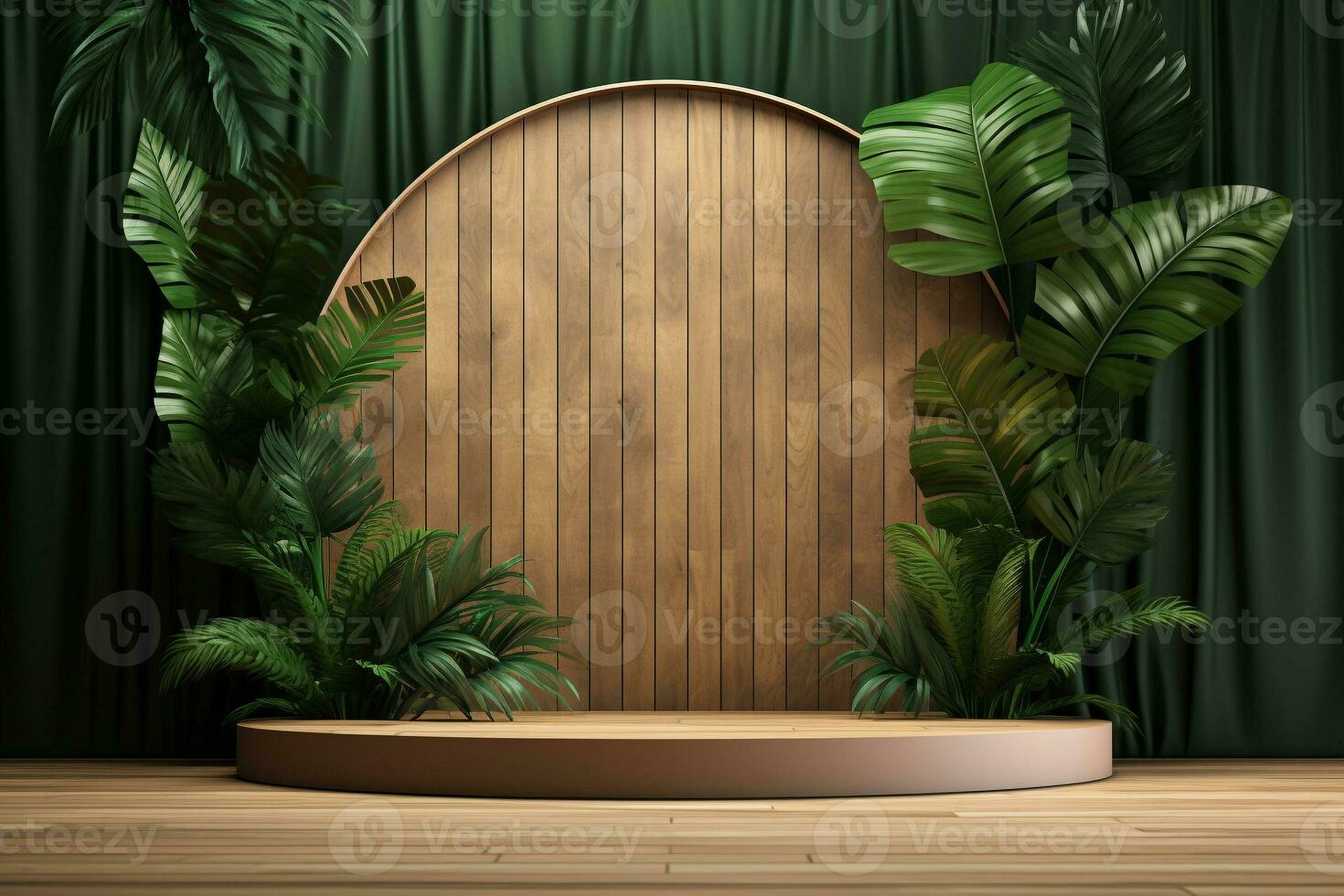 Wood pedestal podium with leaf in background for product presentation generative by ai photo