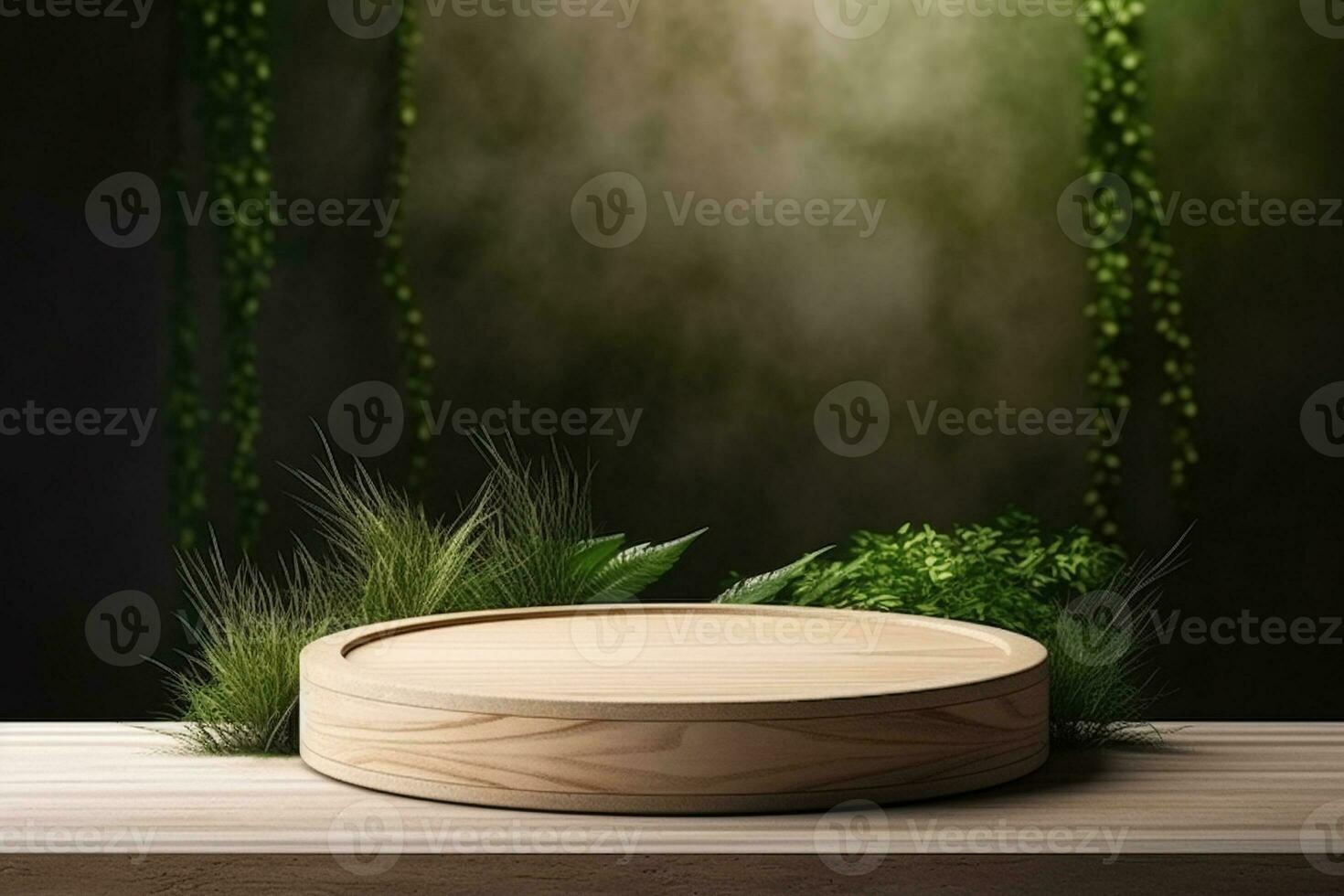 Round wood podium with grass and plants in the background for product display generative by ai photo