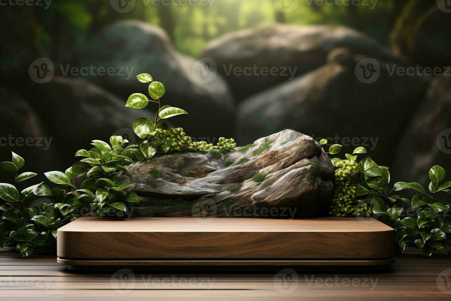 Natural wooden podium for product display in front of the forest generative by ai photo