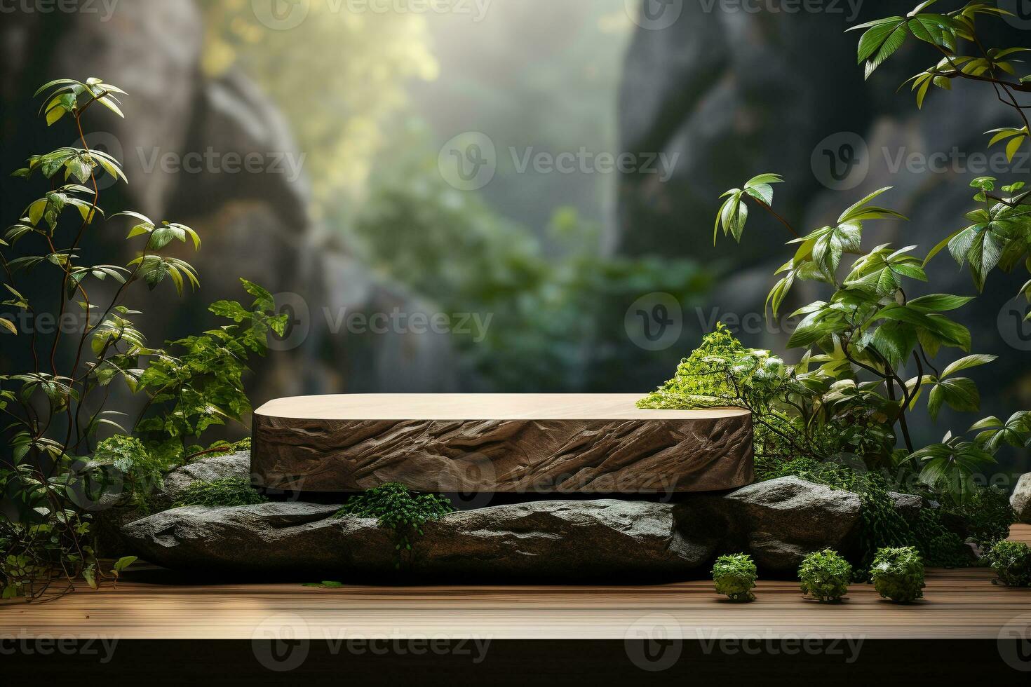 Natural wooden podium for product display in front of the forest generative by ai photo