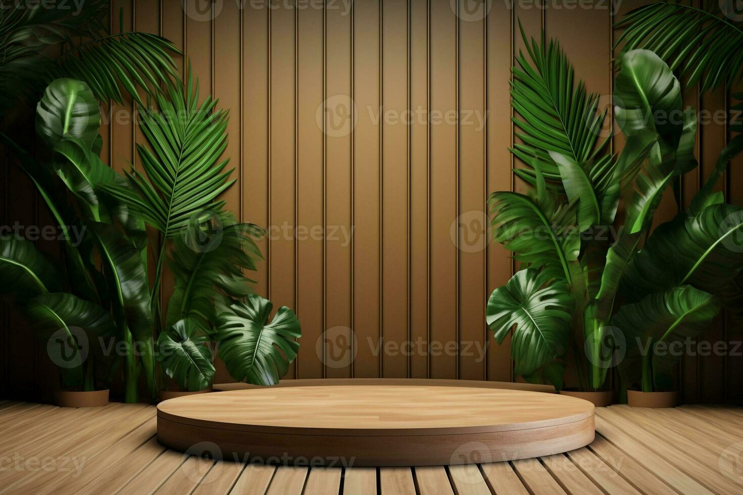 Wood pedestal podium with leaf in background for product presentation generative by ai photo