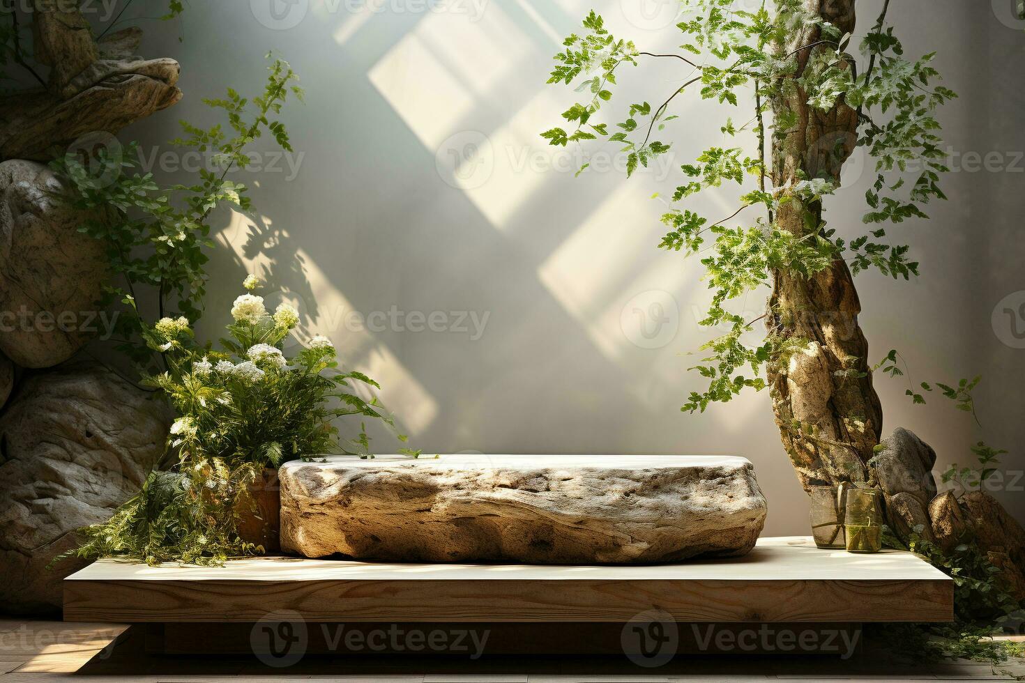 Natural wooden podium for product display in front of the forest generative by ai photo