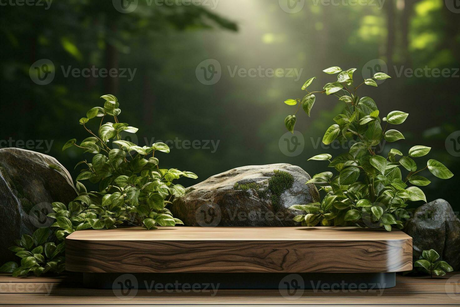 Natural wooden podium for product display in front of the forest generative by ai photo