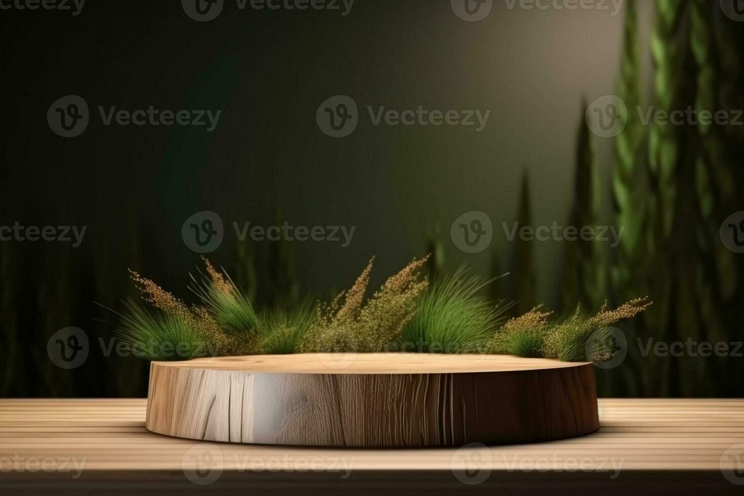 Round wood podium with grass and plants in the background for product display generative by ai photo