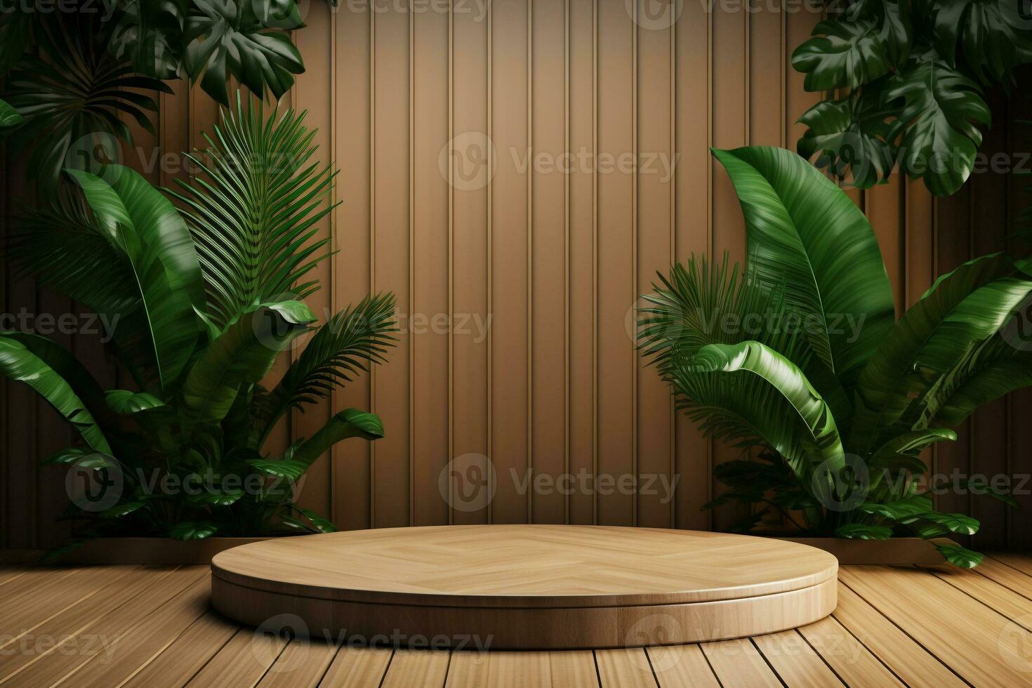 Wood pedestal podium with leaf in background for product presentation generative by ai photo