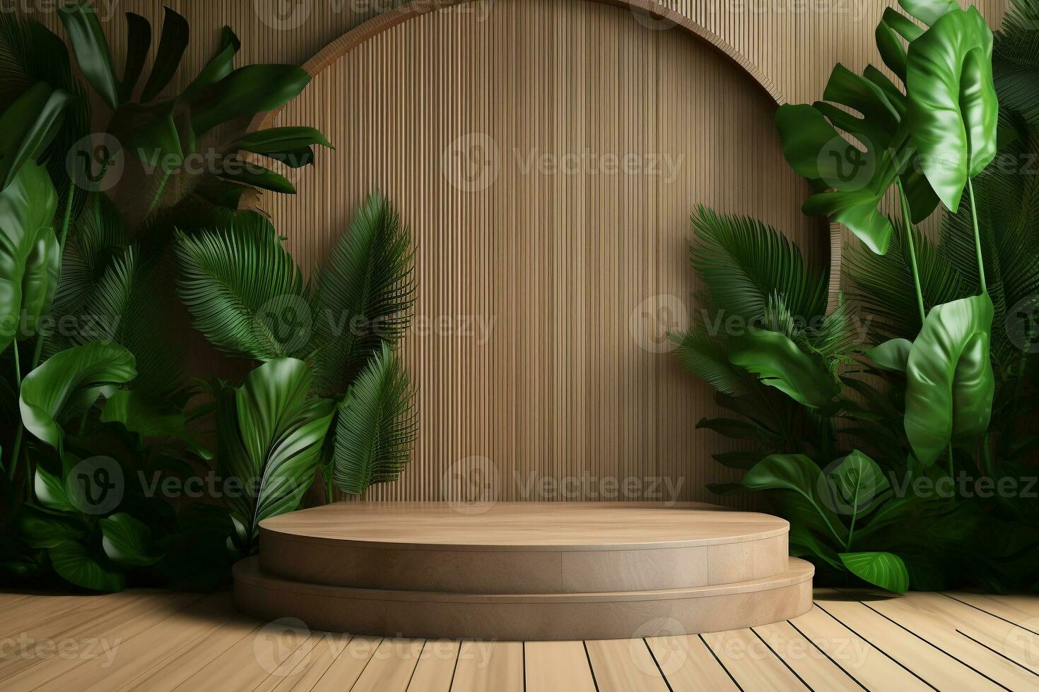Wood pedestal podium with leaf in background for product presentation generative by ai photo