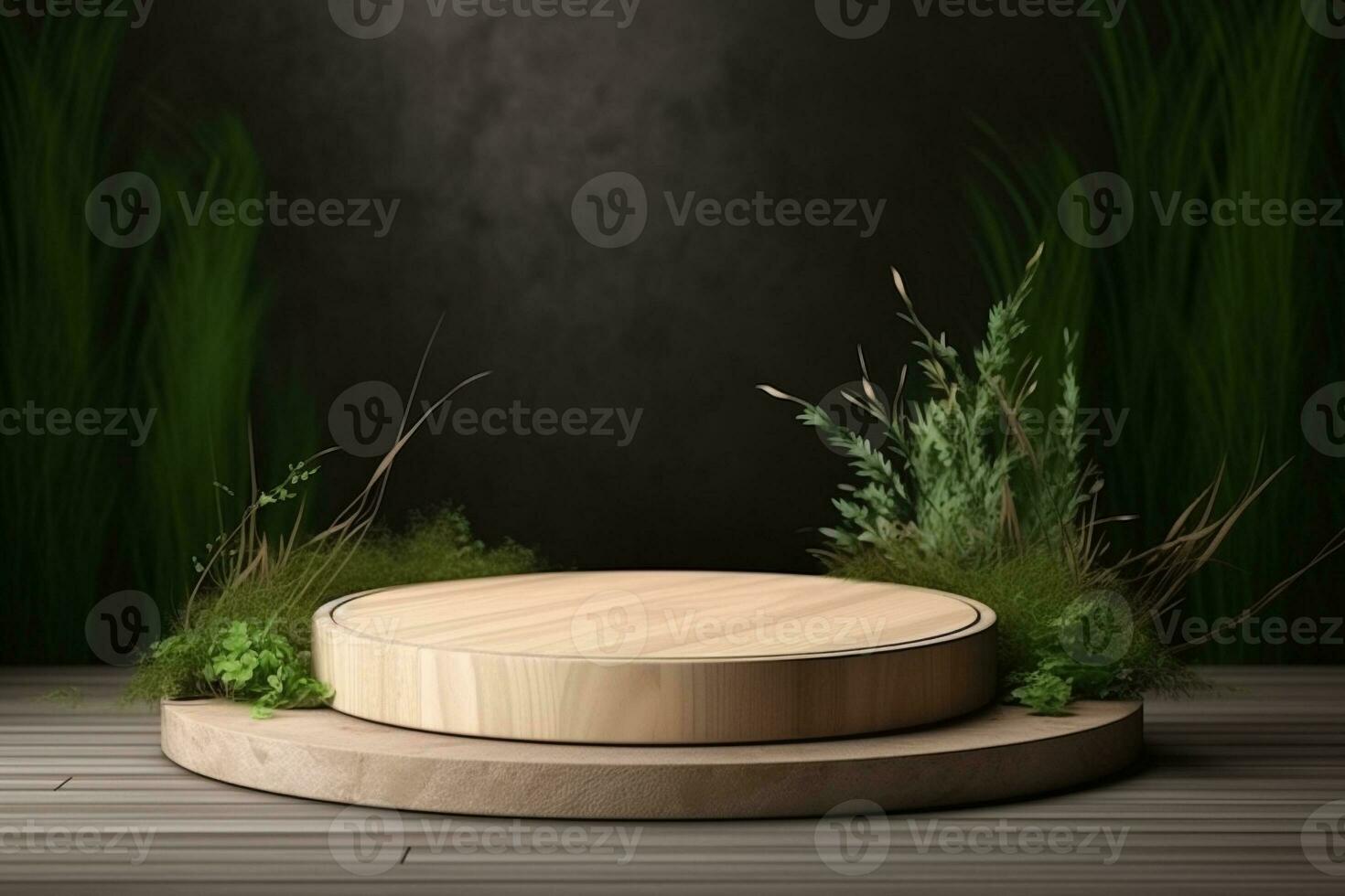 Round wood podium with grass and plants in the background for product display generative by ai photo