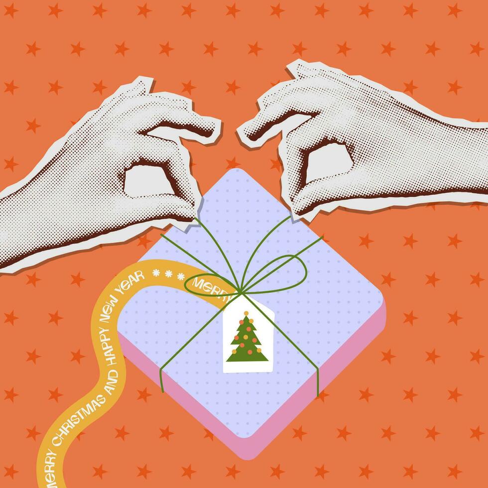 Halftone collage art banner, hands opening a Christmas gift. A hands opens a bright beautifully packaged present box. Fashionable retro colors, palm gesture, beautiful packaging. Vector