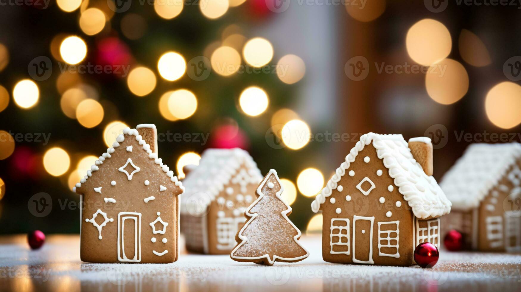 ai generative Christmas gingerbread houses and village close up shot of decorated gingerbread cookies photo