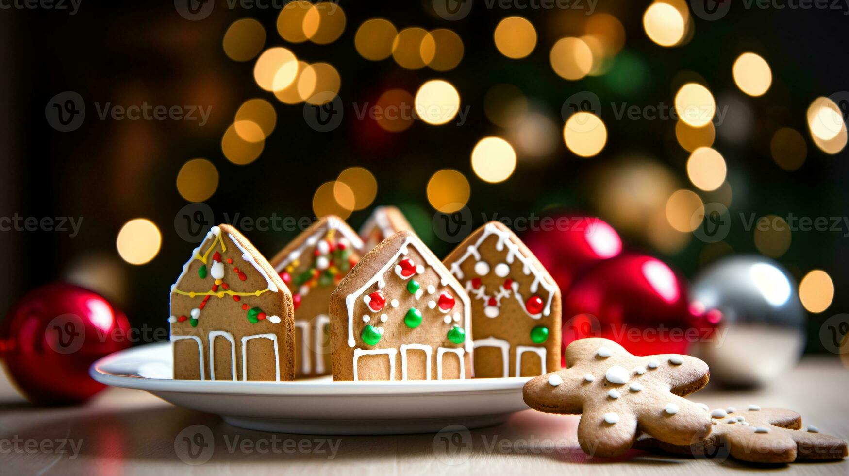 ai generative Christmas gingerbread houses and village close up shot of decorated gingerbread cookies photo