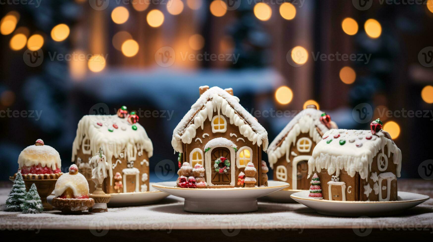 ai generative Christmas gingerbread houses and village close up shot of decorated gingerbread cookies photo