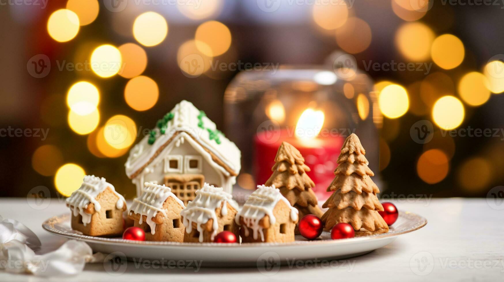 ai generative Christmas gingerbread houses and village close up shot of decorated gingerbread cookies photo