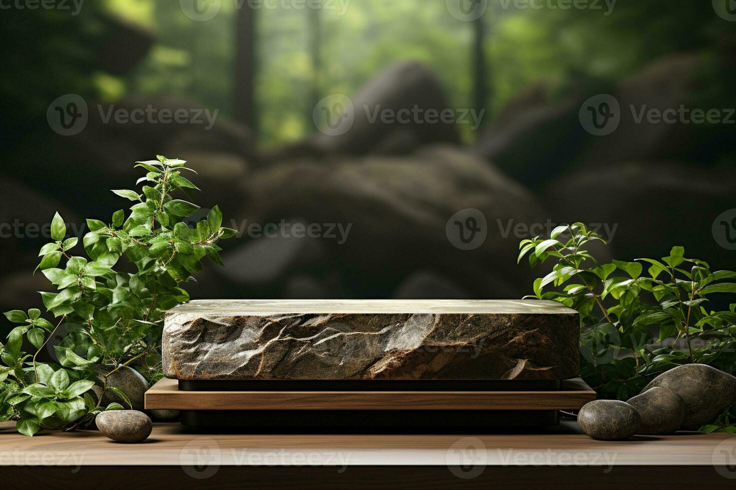 Natural wooden podium for product display in front of the forest generative by ai photo