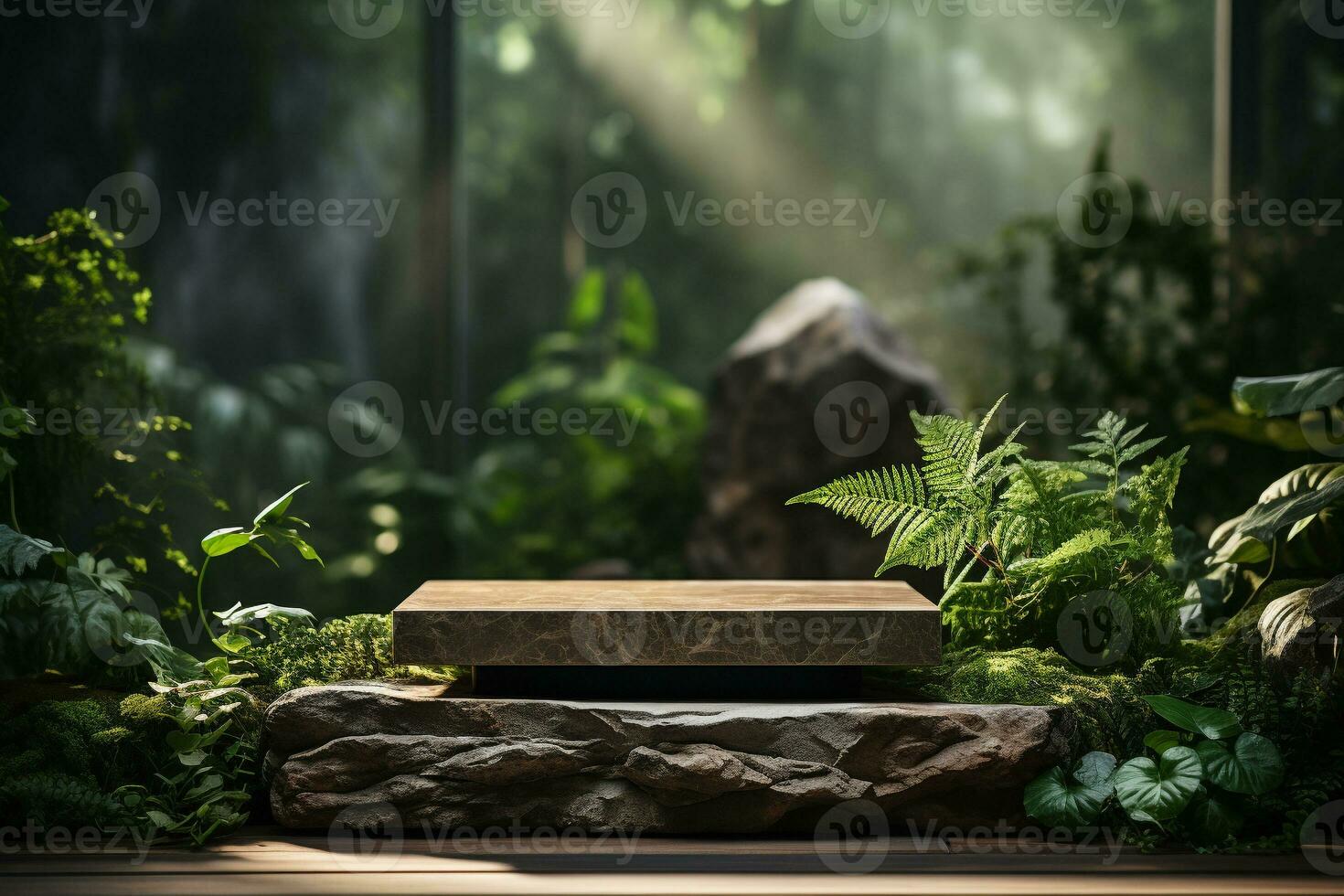 Marble stone podium for product display in front of the forest generative by ai photo