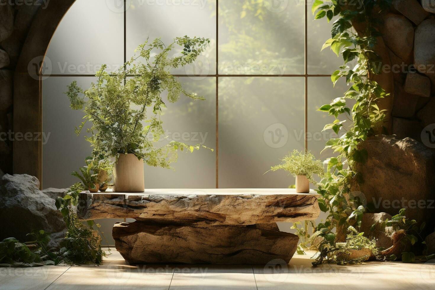 Natural wooden podium for product display in front of the forest generative by ai photo