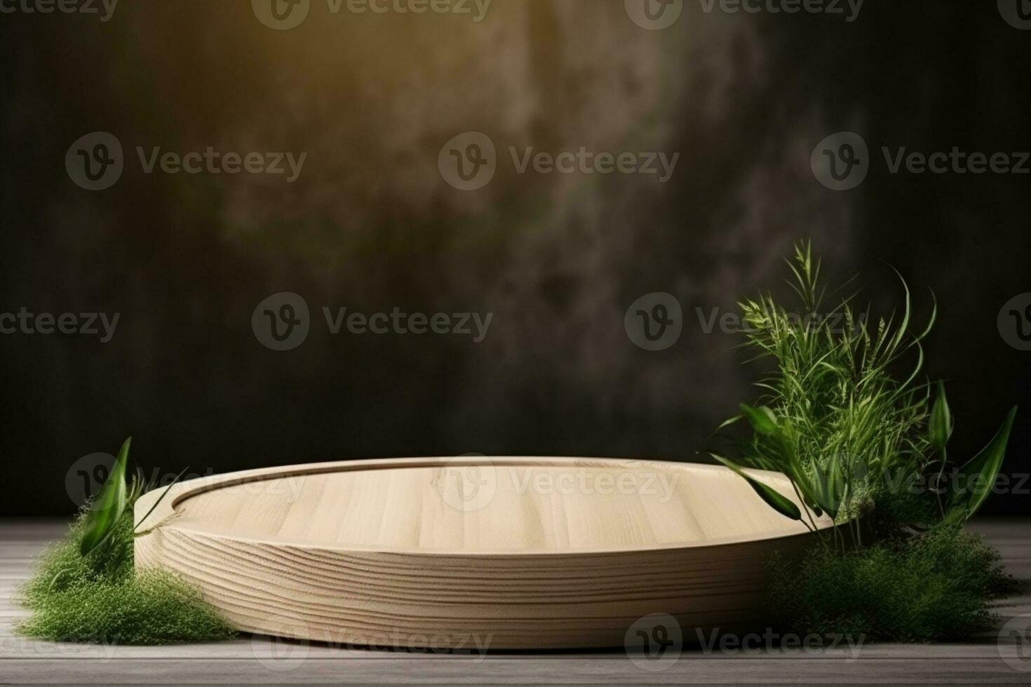 Round wood podium with grass and plants in the background for product display generative by ai photo