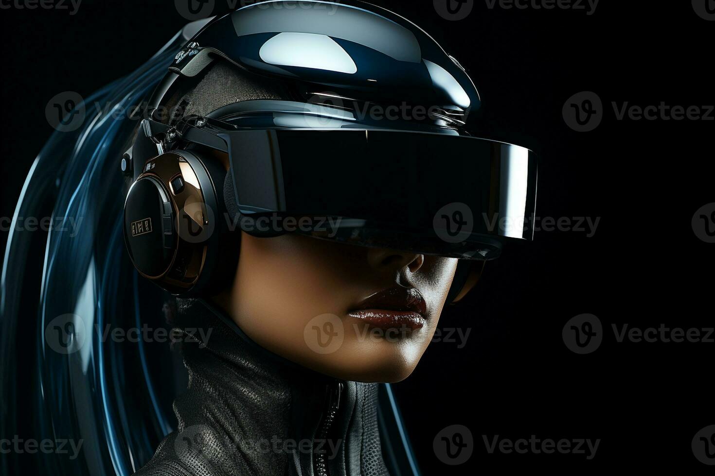 a young woman wearing a virtual reality headset generative by ai photo