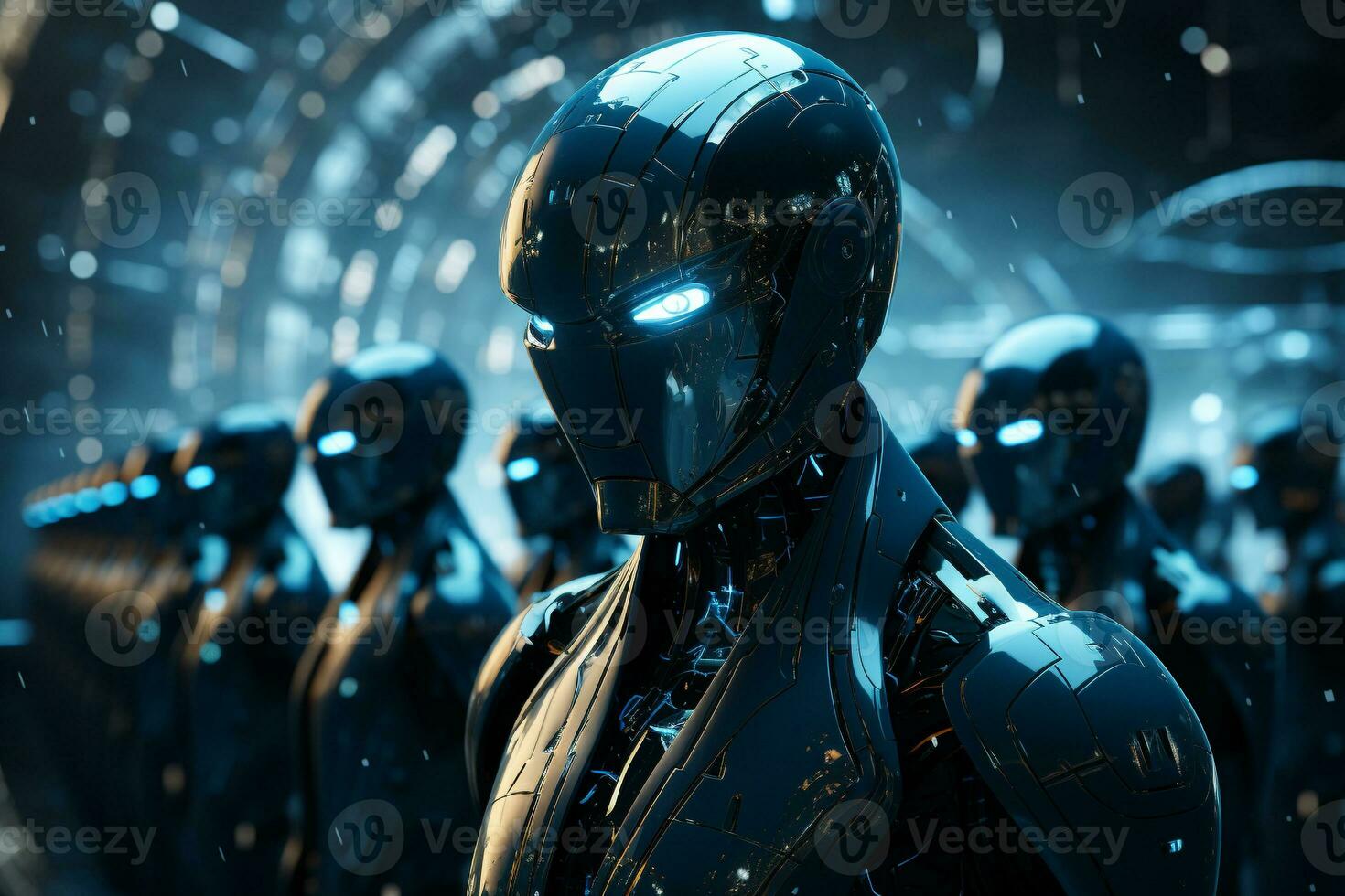 robots standing in an futuristic outer space generative by ai photo