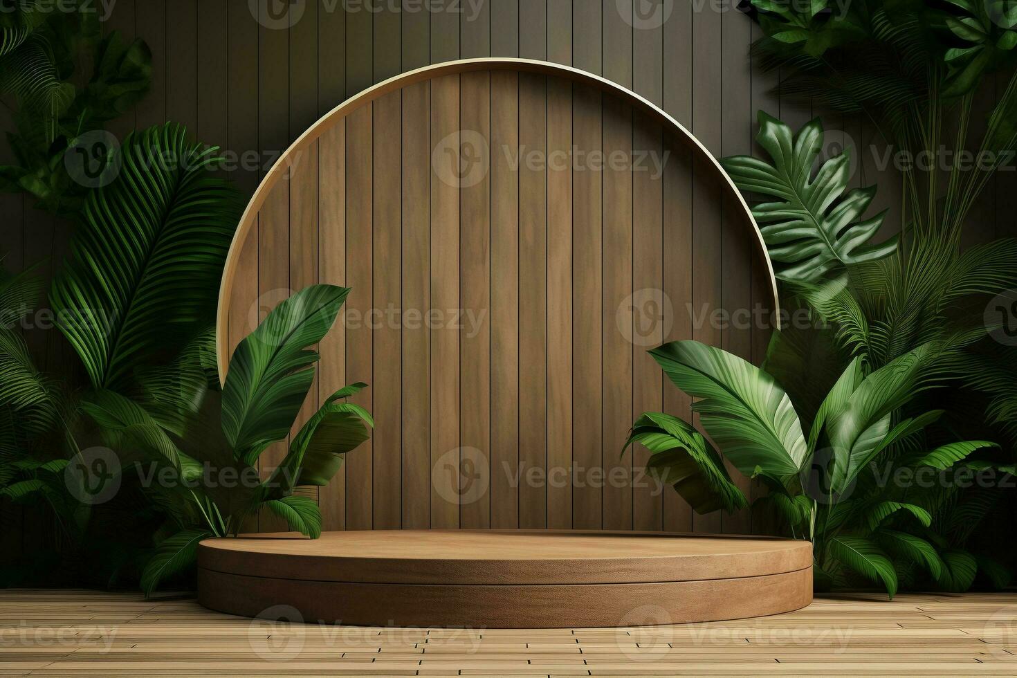 Wood pedestal podium with leaf in background for product presentation generative by ai photo