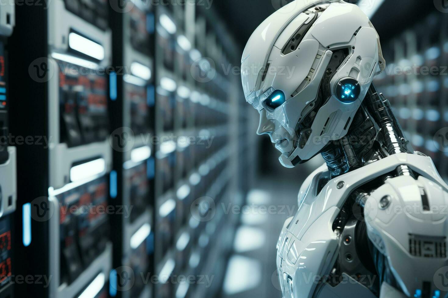 White robot standing Infront of data server racks generative by ai photo