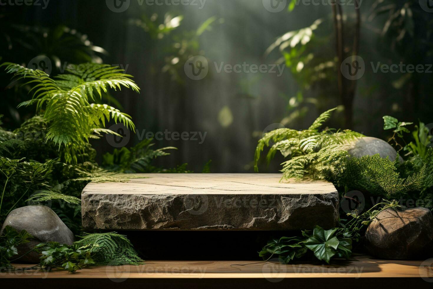 Natural rock stone podium for product display in front of the forest generative by ai photo