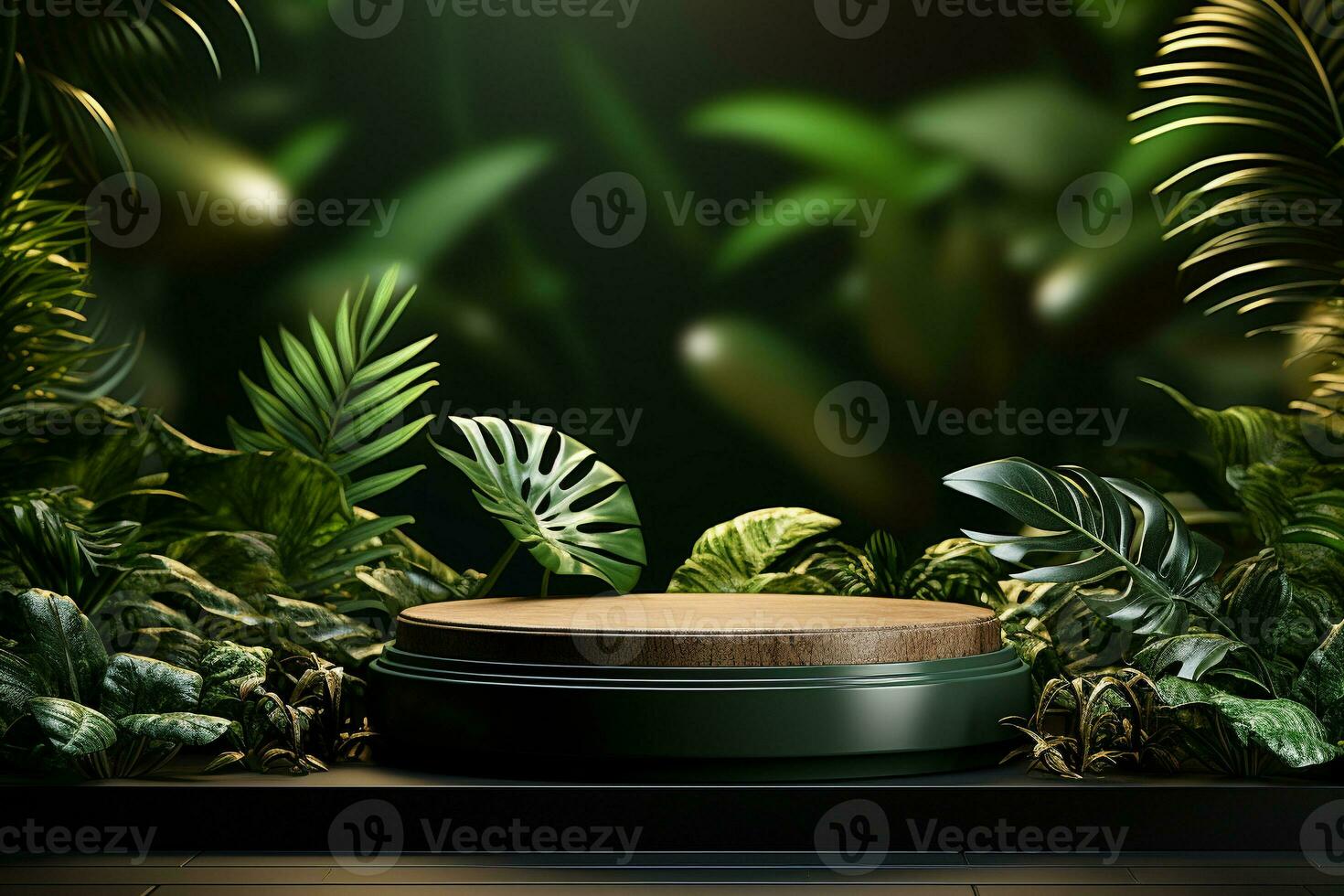 Podium mockup around with plants for product display generative by ai photo