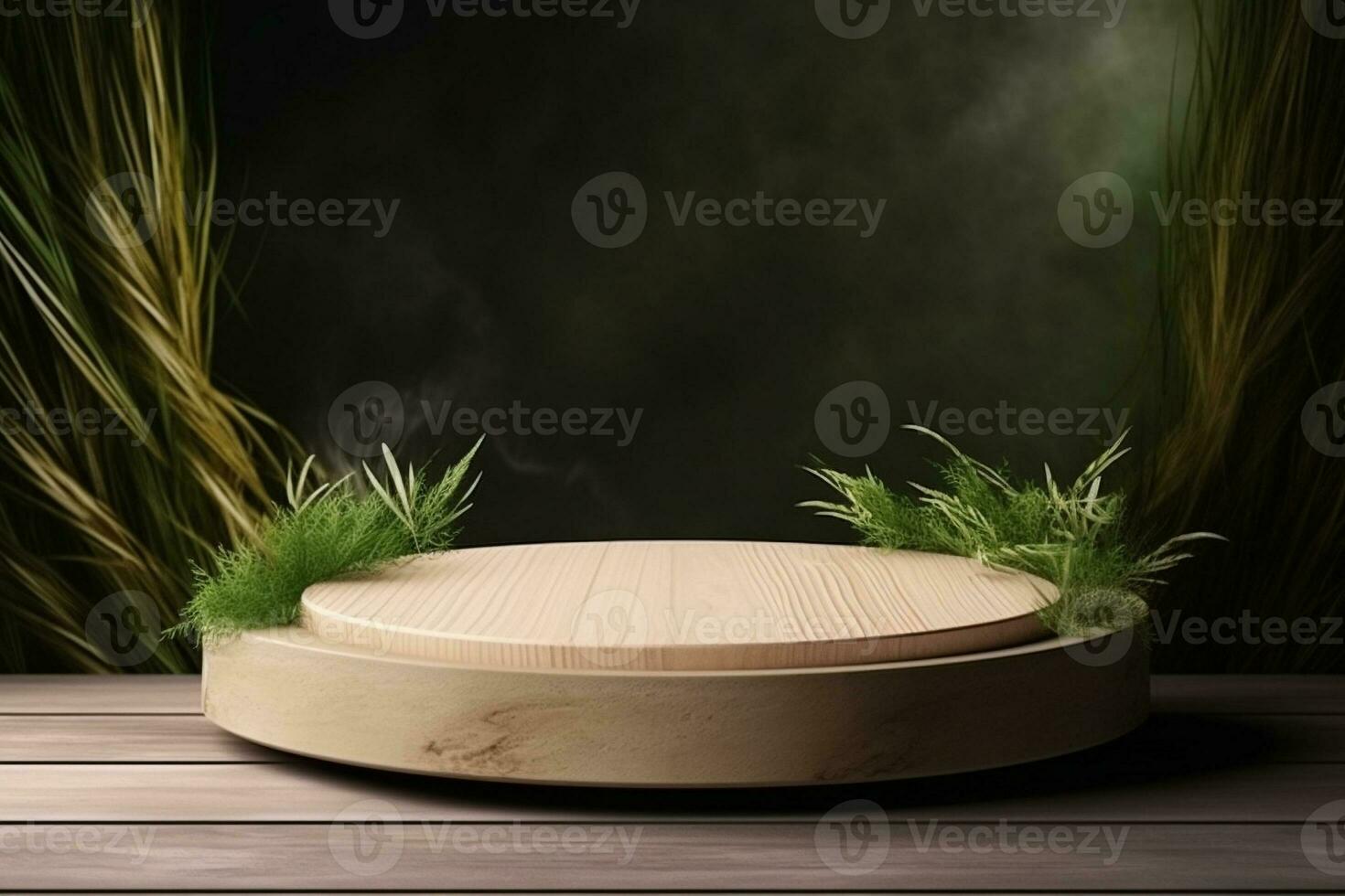 Round wood podium with grass and plants in the background for product display generative by ai photo