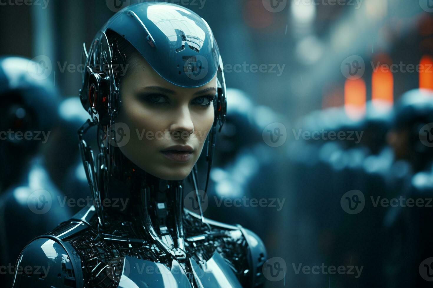 robotic young woman dressed in metal suit standing with other robots generative by ai photo