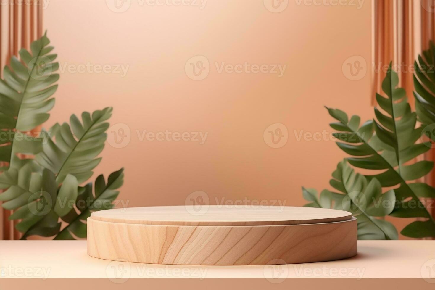 Wood pedestal podium with leaf in background for product presentation generative by ai photo