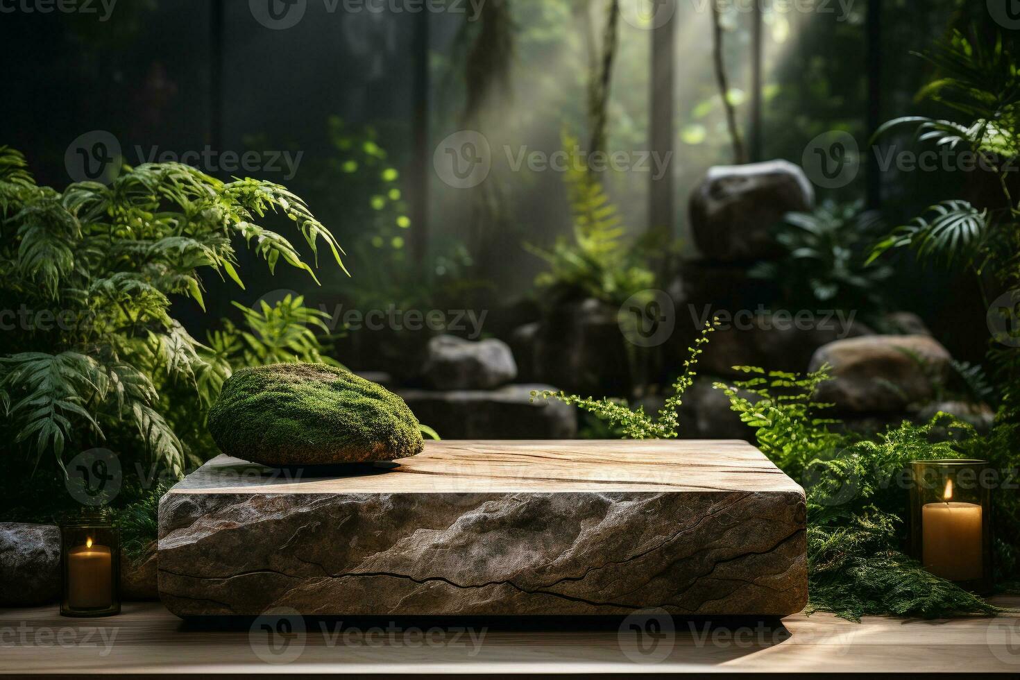 Natural rock stone podium for product display in front of the forest generative by ai photo