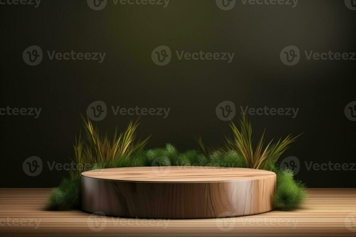 Round wood podium with grass and plants in the background for product display generative by ai photo