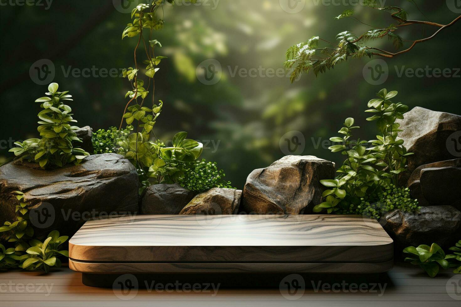 Natural wooden podium for product display in front of the forest generative by ai photo
