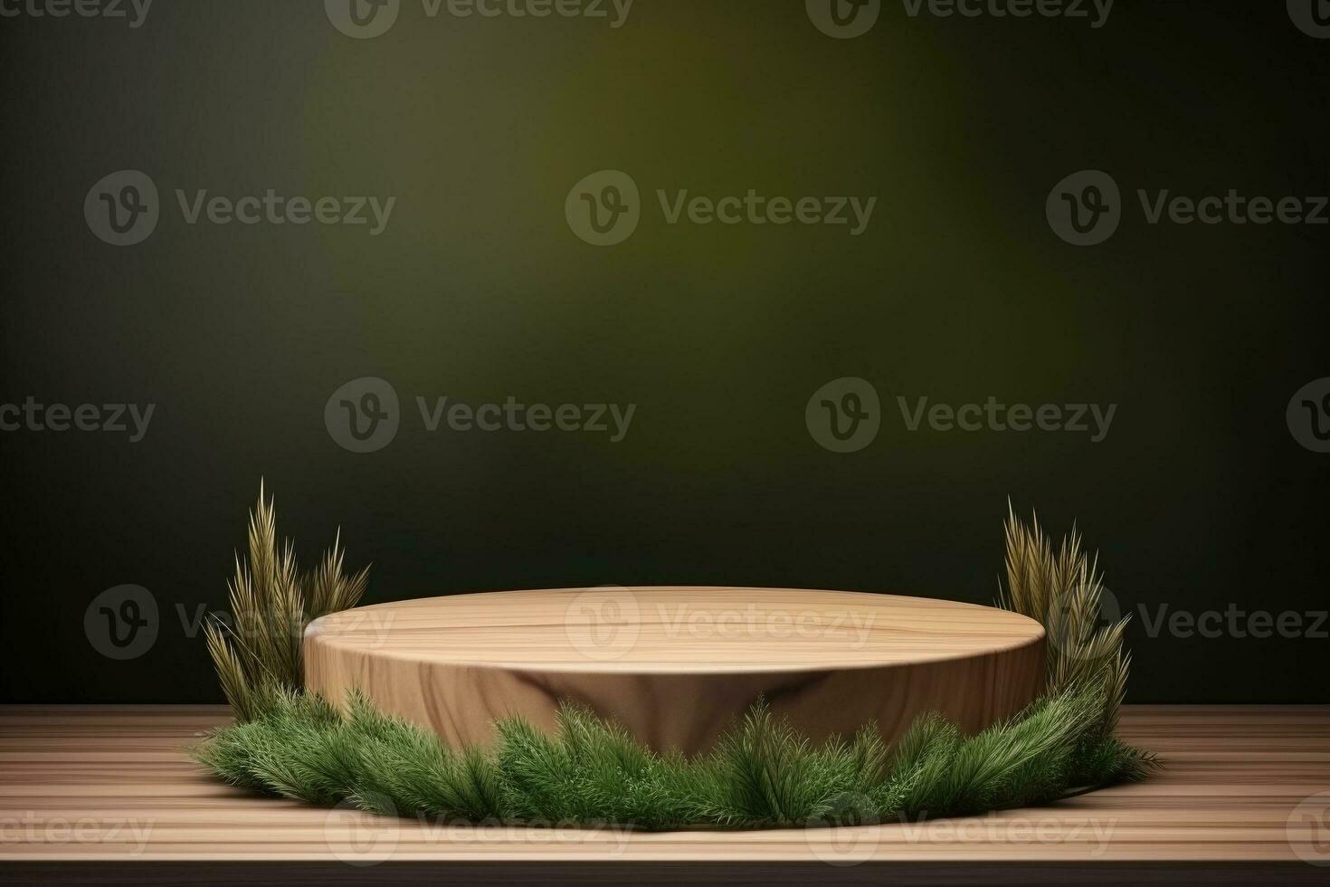Round wood podium with grass and plants in the background for product display generative by ai photo