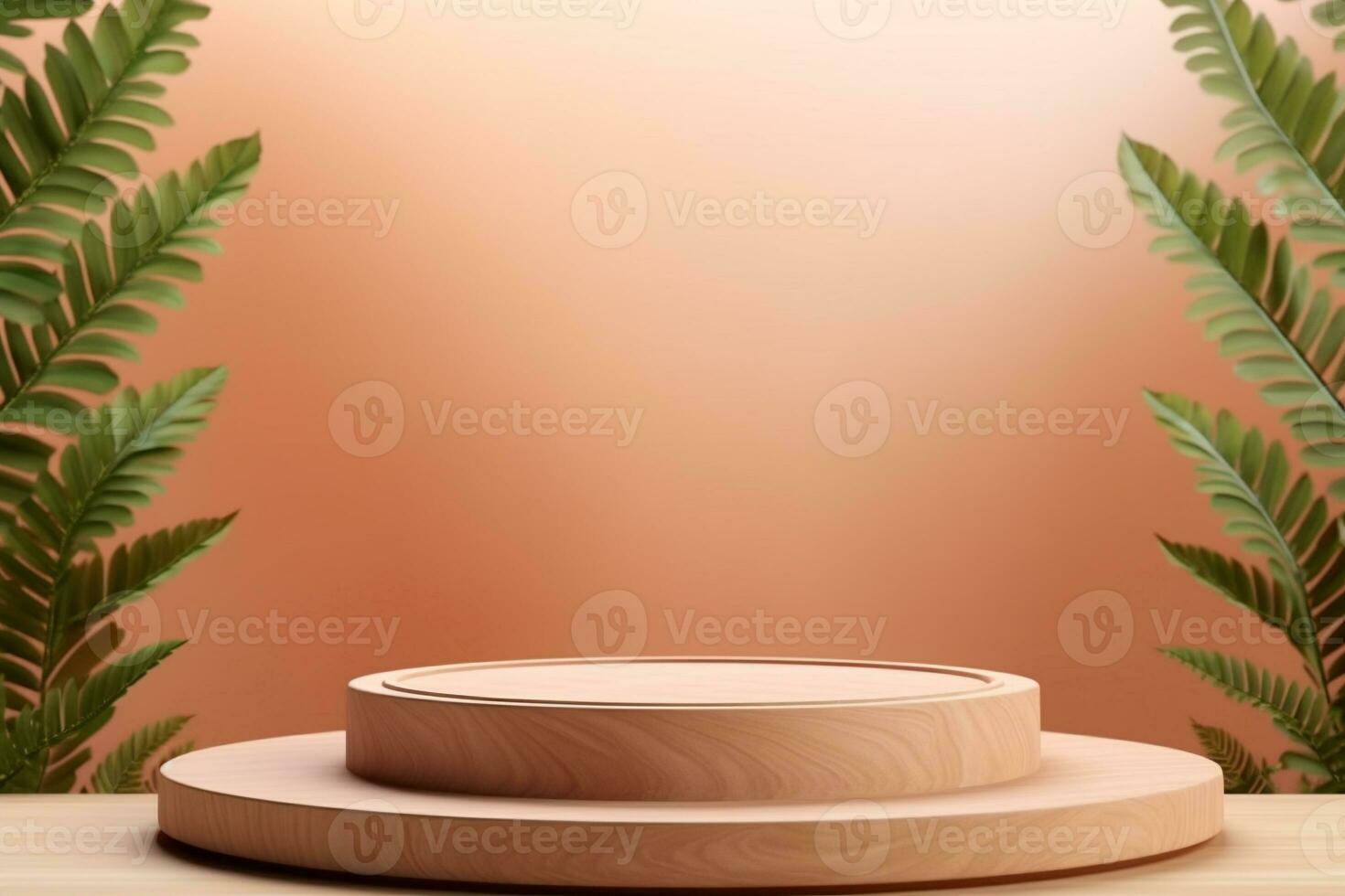 Wood pedestal podium with leaf in background for product presentation generative by ai photo
