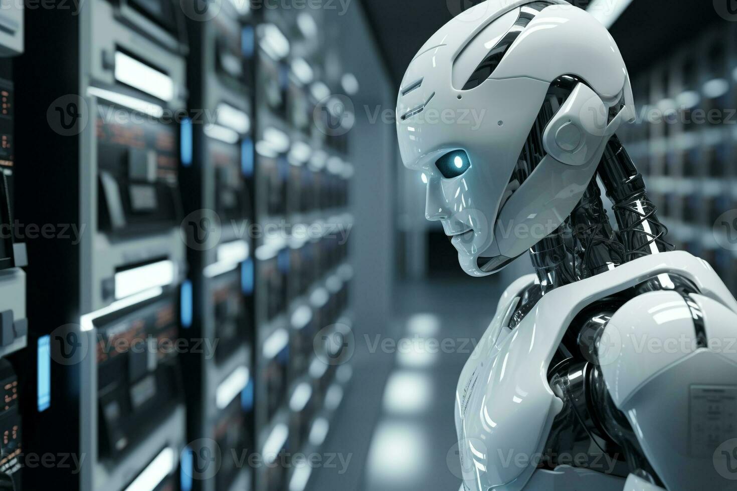 White robot standing Infront of data server racks generative by ai photo