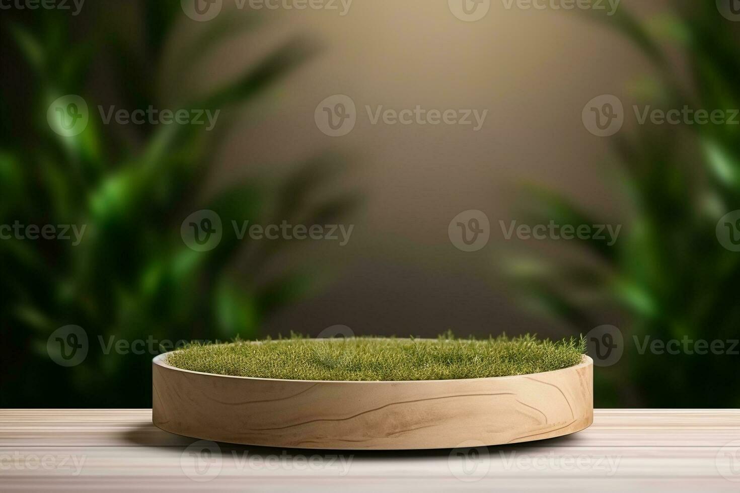 Round wood podium with grass and plants in the background for product display generative by ai photo