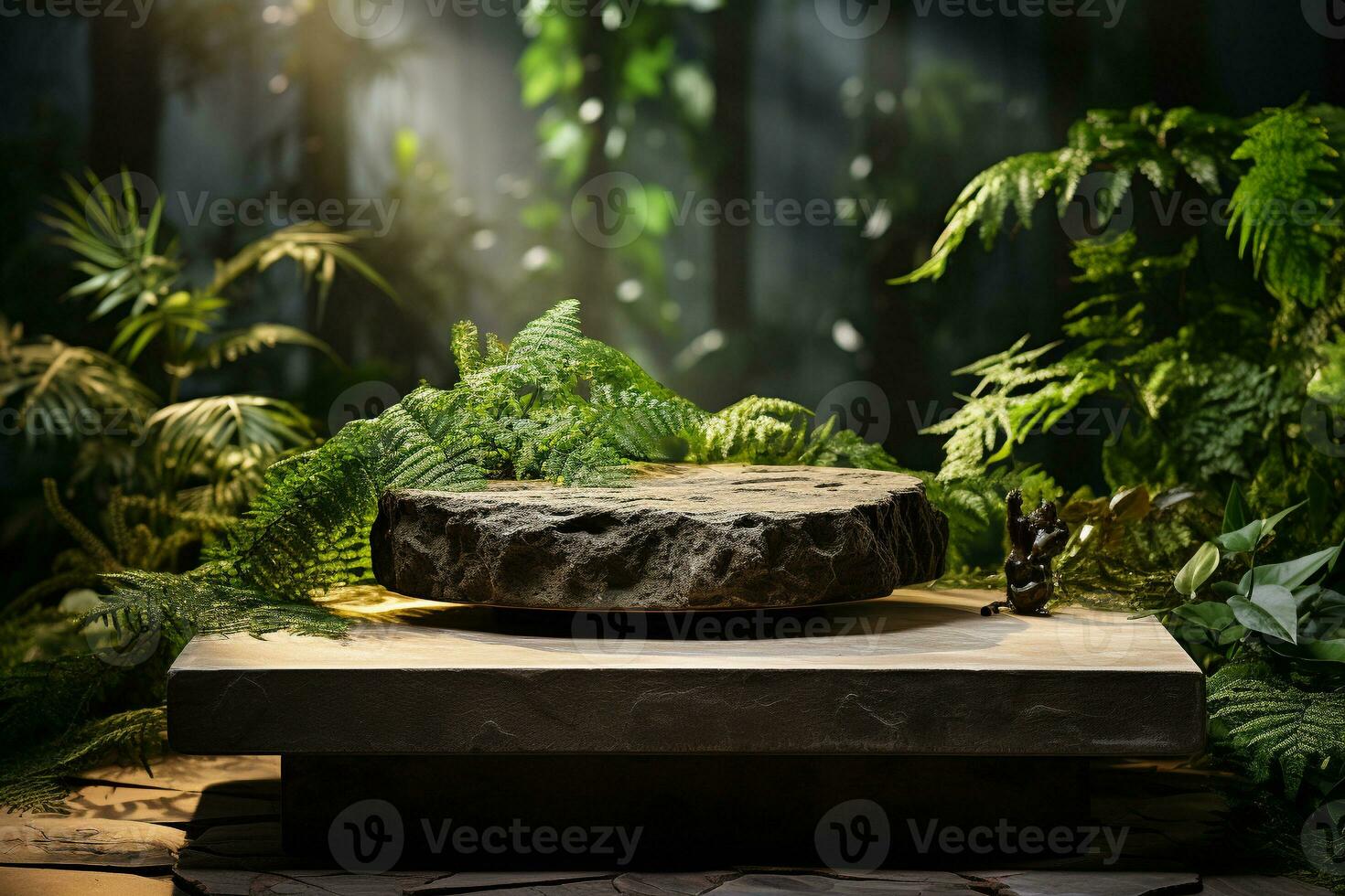 Natural rock stone podium for product display in front of the forest generative by ai photo
