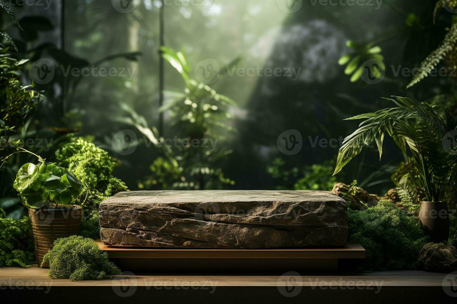 Natural rock stone podium for product display in front of the forest generative by ai photo