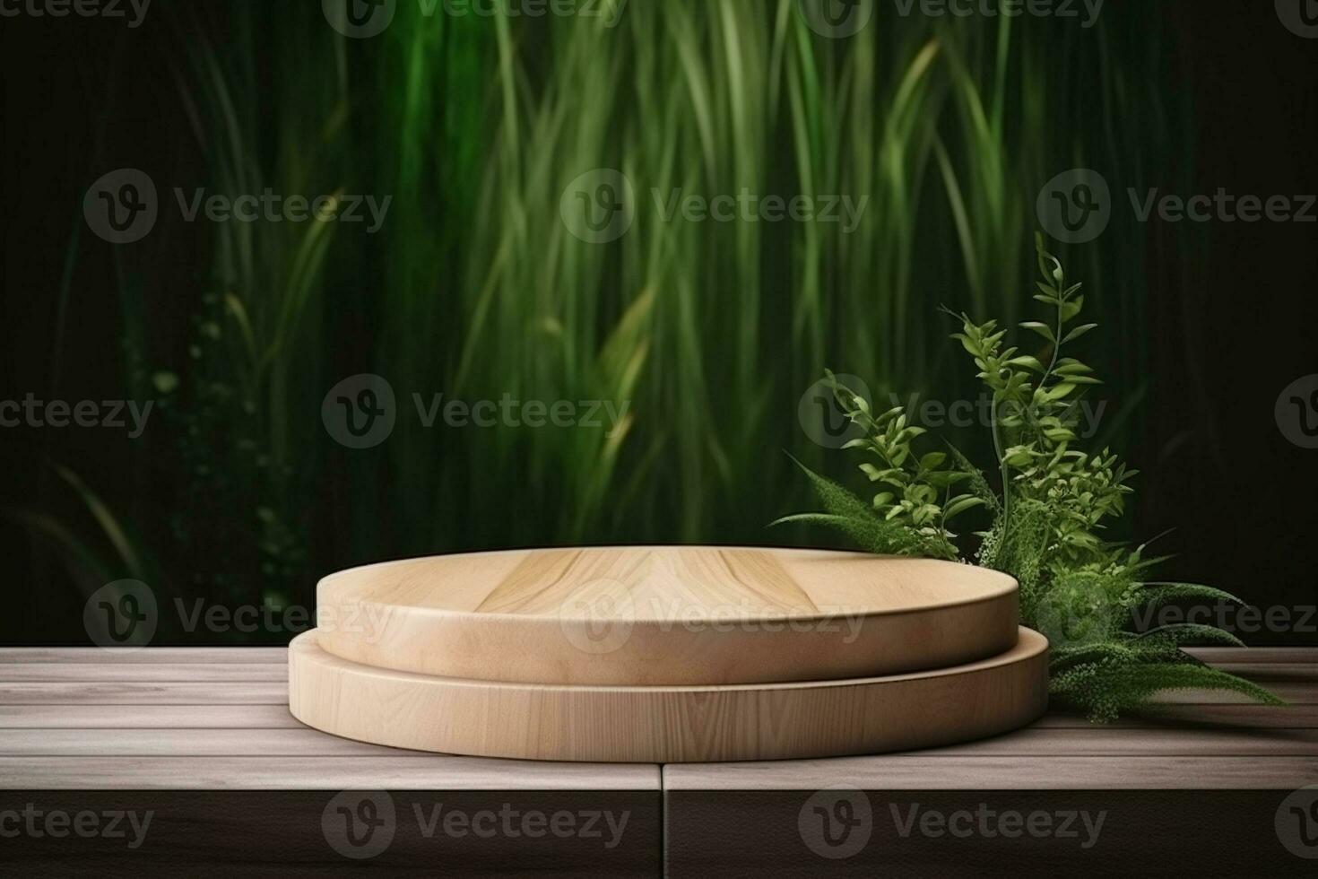 Round wood podium with grass and plants in the background for product display generative by ai photo